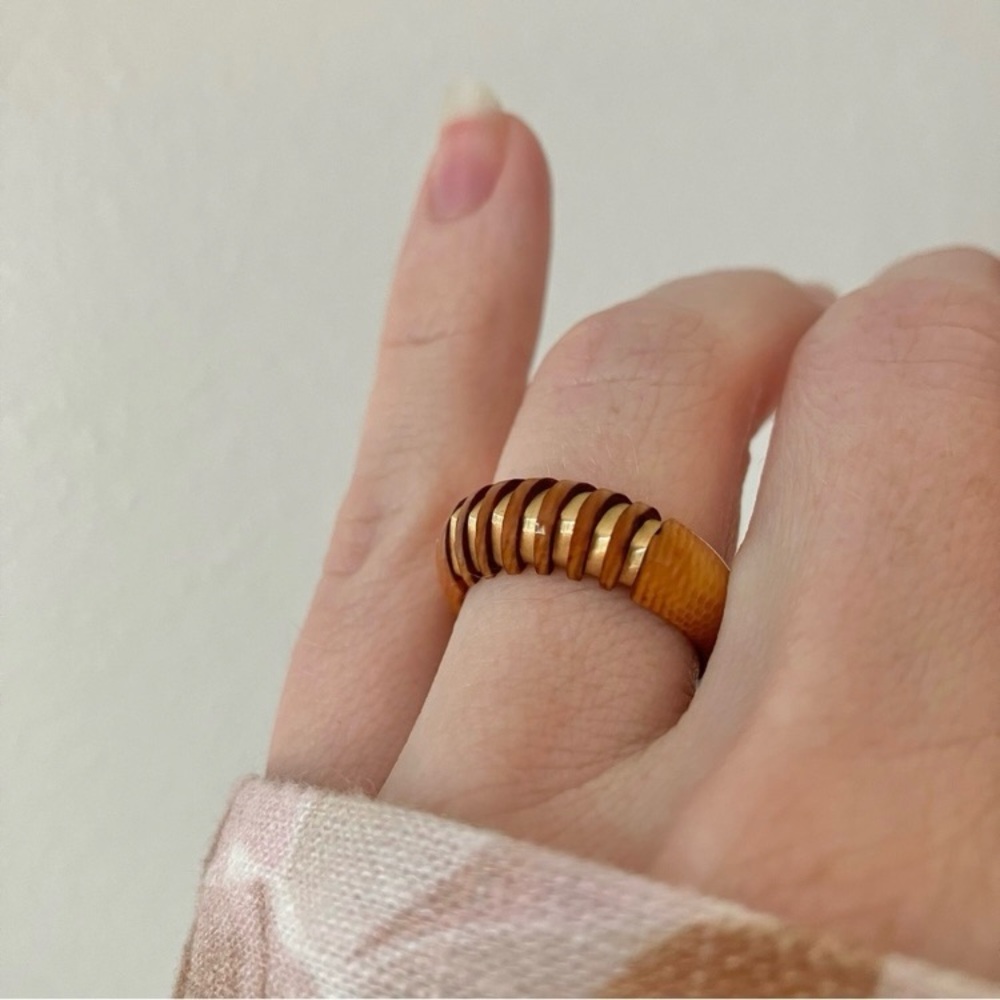 Carved Wood Gold Band Ring “Blathnaid” Bohemian Rustic Minimist Neutral Jewelry